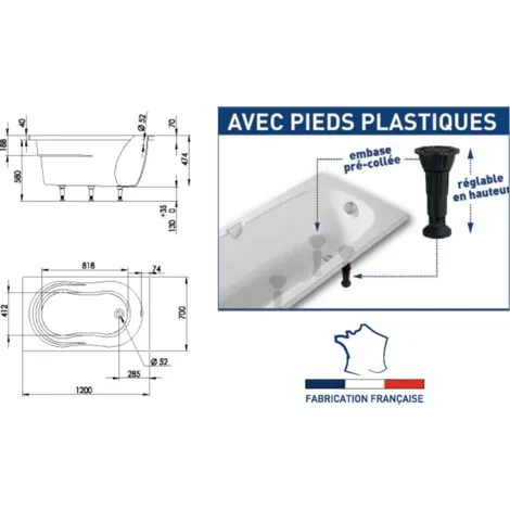 Baignoire Minime à Encaster, Ultra Compacte, 5 Pieds Réglables, 120 X 70 Cm Valentin 2 Baignoire Minime à Encaster, Ultra Compacte, 5 Pieds Réglables, 120 X 70 Cm Valentin – Image 2